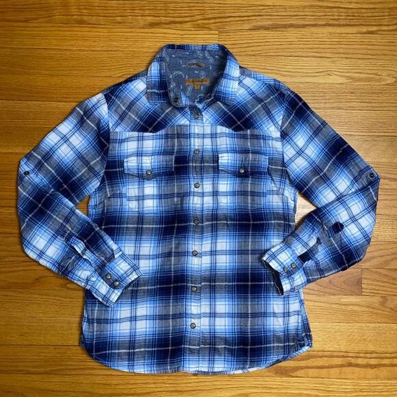Jacks Girlfriend Blue Flannel Pearl Snap Plaid Flannel Shirt Women's Size Small - Picture 1 of 7